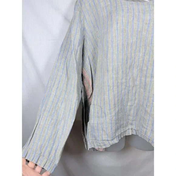 FLAX Linen Stripe Top L Made in Lithuania Blue Red Oversized Boxy Coastal Boho - Picture 5 of 11